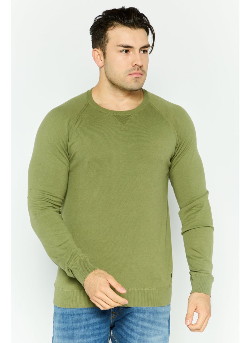 TRUSSARDI JEANS Men Crew Neck Long Sleeve Solid Sweatshirt, Olive  - Image 1