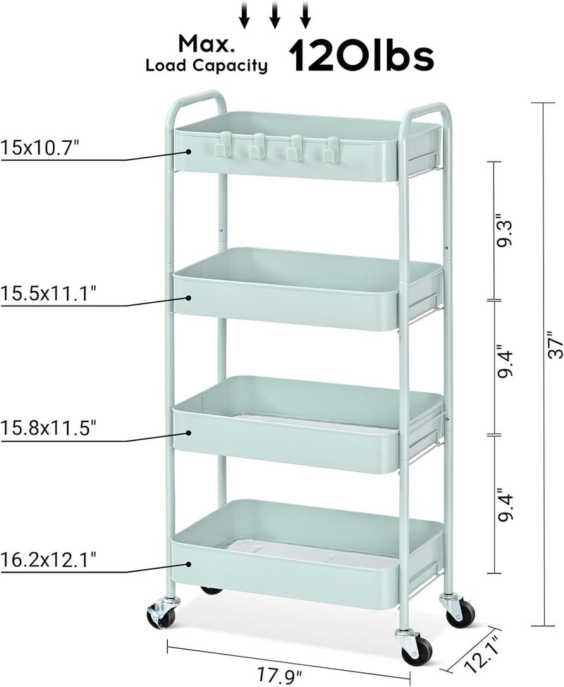 TOOLF 4-Tier Rolling Cart - Metal Storage Organizer with Lockable Wheels, 44 lbs Per Shelf Capacity, Tool-Free Assembly, for Kitchen Bathroom Office Laundry Room Nursery, Green - Image 2