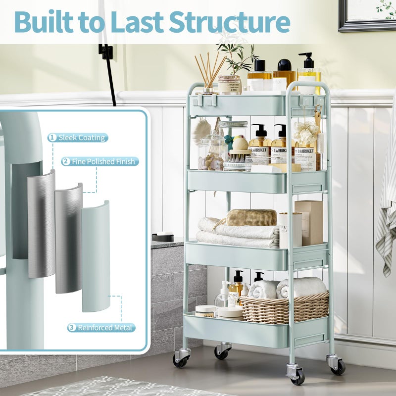 TOOLF 4-Tier Rolling Cart - Metal Storage Organizer with Lockable Wheels, 44 lbs Per Shelf Capacity, Tool-Free Assembly, for Kitchen Bathroom Office Laundry Room Nursery, Green - Image 4