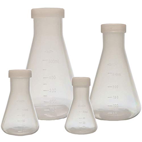 Karter Scientific Plastic Erlenmeyer Flask Set with Screw Caps - 4 Sizes - 50, 100, 250, and 500ml, Polypropylene, Molded Graduations, Karter Scientific 252N9 - Image 3