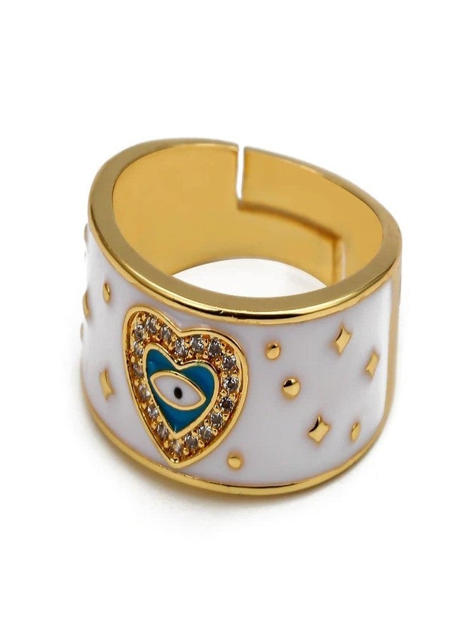 Zivom® Heart Evil Eye White Enamel Gold Copper American Diamond Adjustable Ring for Women - Image 3