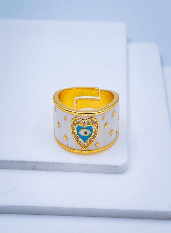 Zivom® Heart Evil Eye White Enamel Gold Copper American Diamond Adjustable Ring for Women - Image 2