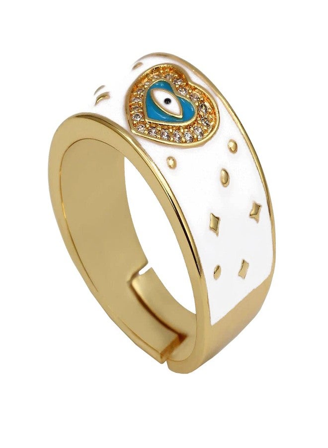 Zivom® Heart Evil Eye White Enamel Gold Copper American Diamond Adjustable Ring for Women - Image 1