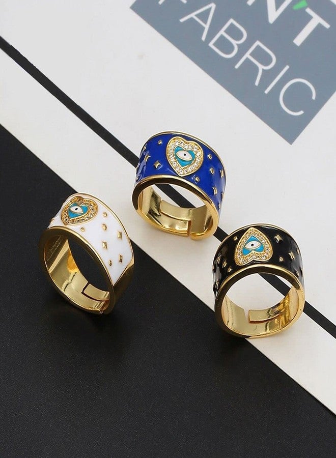 Zivom® Heart Evil Eye White Enamel Gold Copper American Diamond Adjustable Ring for Women - Image 4