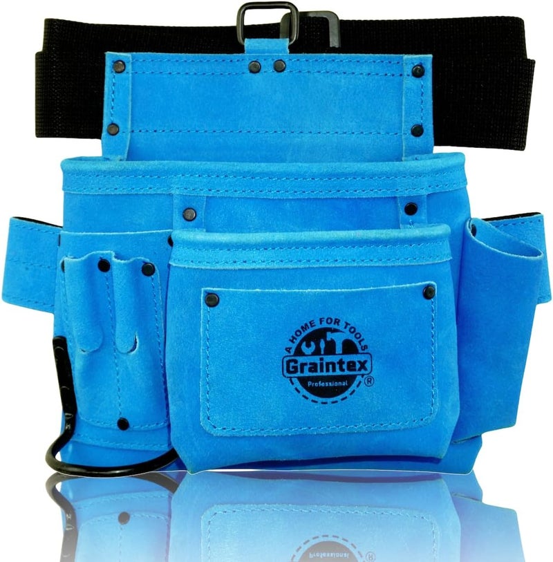 Graintex SS2045 5 Pocket Nail & Tool Pouch Blue Color Suede Leather with 2” Webbing Belt for Constructors, Electricians, Plumbers, Handymen - Image 1