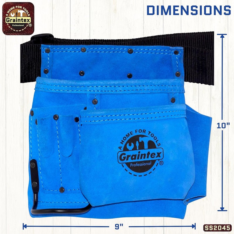 Graintex SS2045 5 Pocket Nail & Tool Pouch Blue Color Suede Leather with 2” Webbing Belt for Constructors, Electricians, Plumbers, Handymen - Image 2