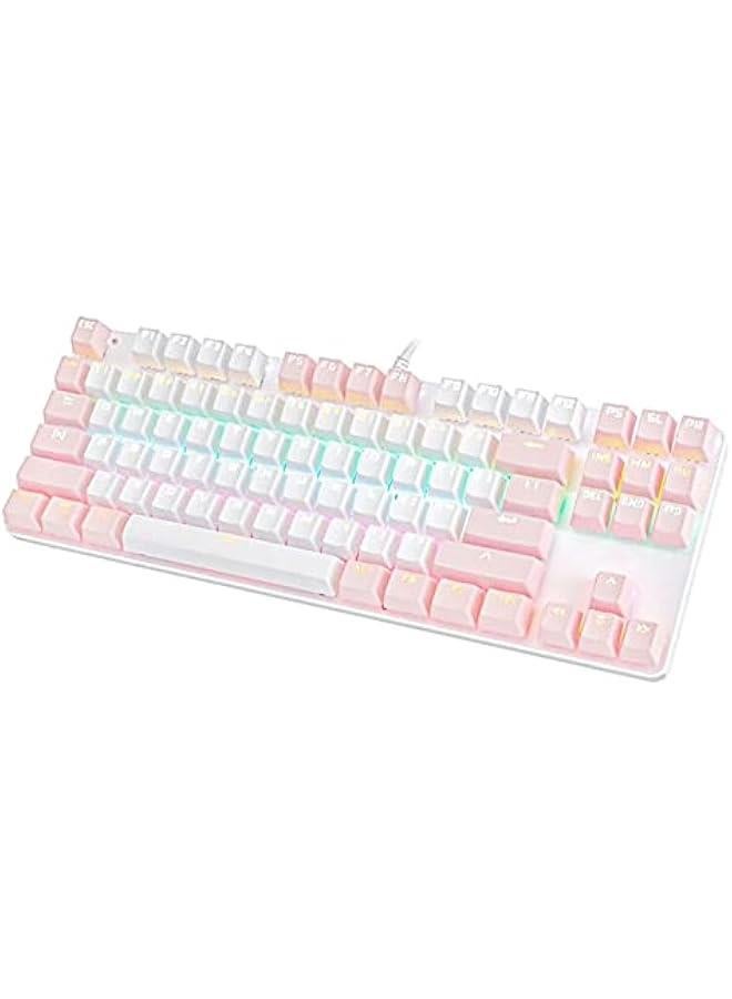 Portable Advanced Keyboard for Notebook Computer, K100 87 Keys USB Backlight Green Shaft Office Home Gaming Mechanical Keyboard - White Pink  - Image 1
