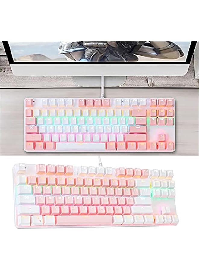 Portable Advanced Keyboard for Notebook Computer, K100 87 Keys USB Backlight Green Shaft Office Home Gaming Mechanical Keyboard - White Pink  - Image 2