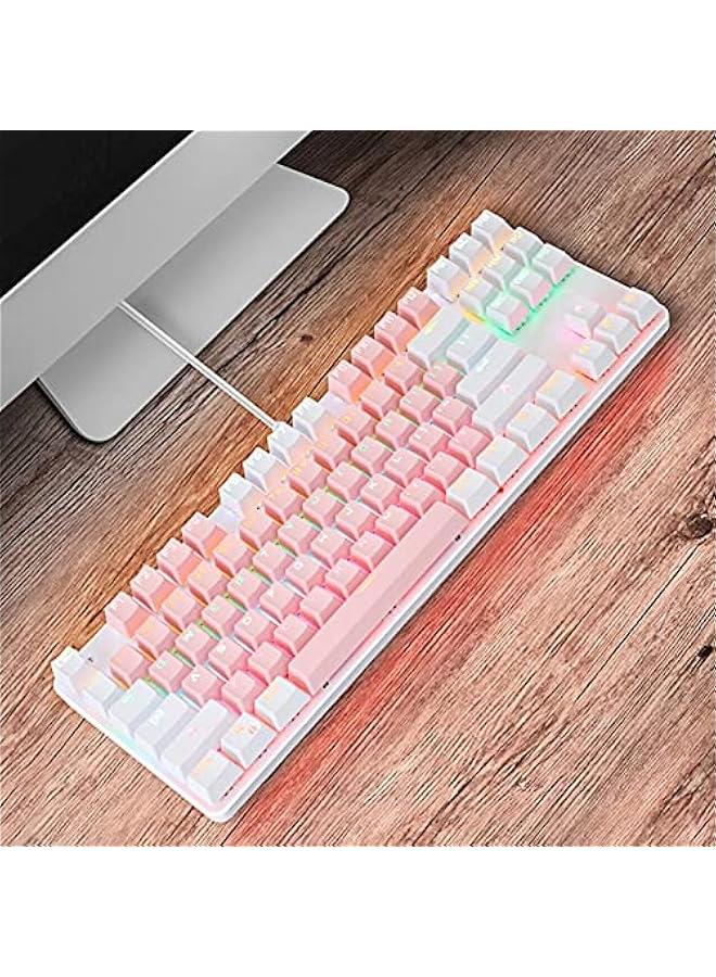 Portable Advanced Keyboard for Notebook Computer, K100 87 Keys USB Backlight Green Shaft Office Home Gaming Mechanical Keyboard - White Pink  - Image 4