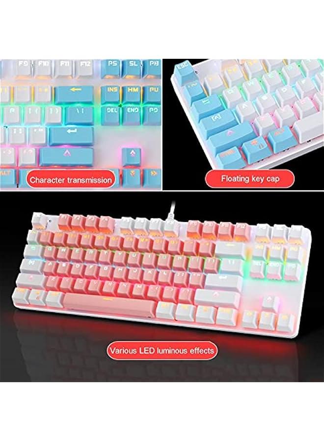 Portable Advanced Keyboard for Notebook Computer, K100 87 Keys USB Backlight Green Shaft Office Home Gaming Mechanical Keyboard - White Pink  - Image 5