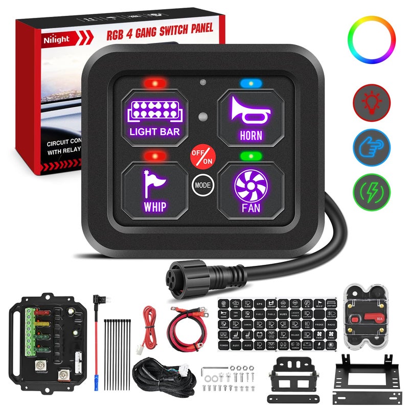 Nilight 4 Gang Switch Panel RGB 12V 24V Circuit Control Relay System - Image 2