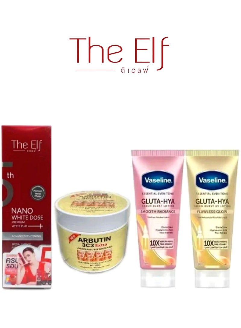 سيروم إيلف نانو وايت دوس بريميوم وايت بلس 60 مل وأربوتين 3C3 إكسترا أربوتين للتبييض 300 جرام ولوشن جلوتا-هيا سيروم بيرست لإشراقة ناعمة - لوشن جلوتا-هيا سيروم بيرست (إشراقة ناعمة / توهج لا تشوبه شائبة) - مجموعة