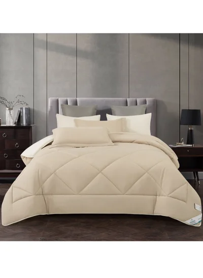 Donetella Lightweight Comforter Set 6-Pcs Double Size(200x200 Cm) Solid Bedding Comforter Sets With Plain Diamond Quilting And Down Alternative Filling Taupe