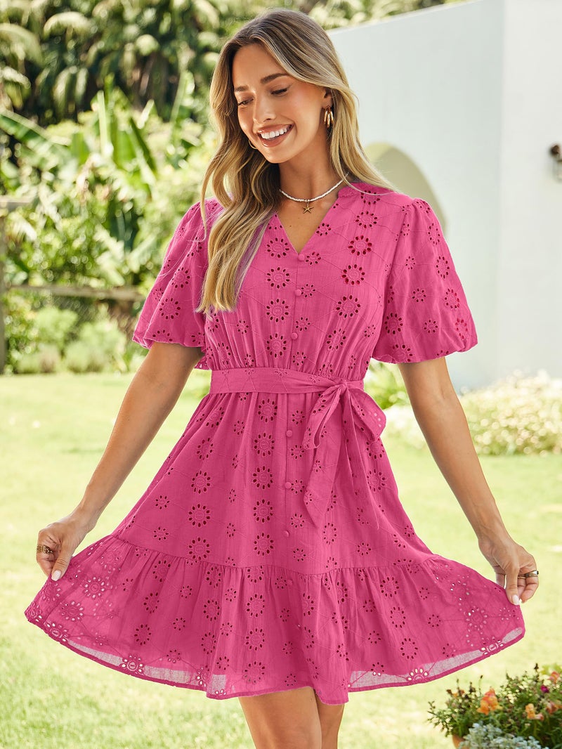 Simplee Apparel Simplee Womens Summer Hot Pink Short Dresses 2026 V Neck Short Sleeve A Line Lace Ruffle Cute Casual Beach Party Mini Dresses(Pink M) - Image 4