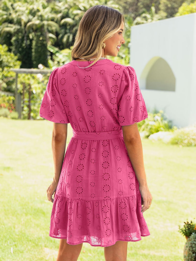 Simplee Apparel Simplee Womens Summer Hot Pink Short Dresses 2026 V Neck Short Sleeve A Line Lace Ruffle Cute Casual Beach Party Mini Dresses(Pink M) - Image 5