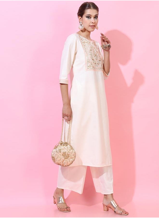 Vishudh Women Cream Embroidered Kurta Set with Dupatta by Styli  - Image 2