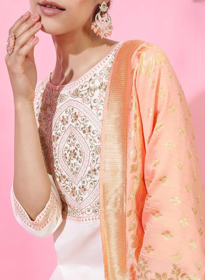 Vishudh Women Cream Embroidered Kurta Set with Dupatta by Styli