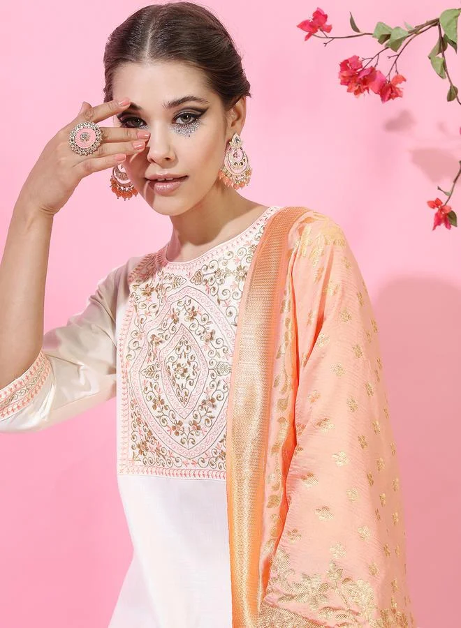 Vishudh Women Cream Embroidered Kurta Set with Dupatta by Styli