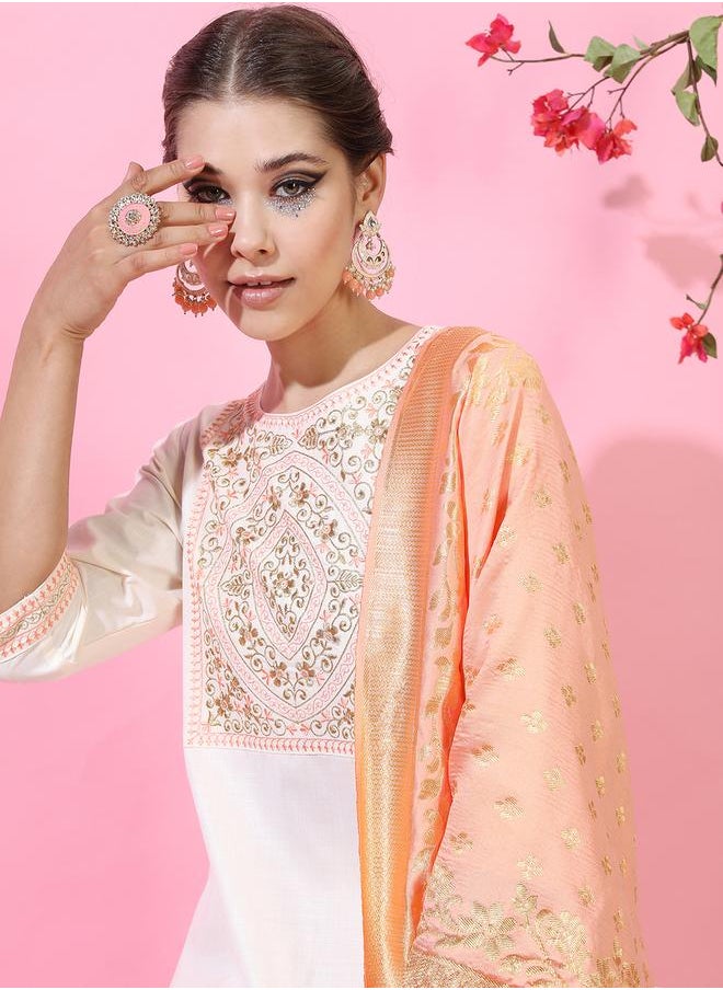 Vishudh Women Cream Embroidered Kurta Set with Dupatta by Styli  - Image 3