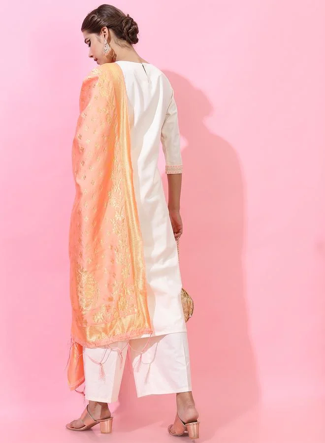 Vishudh Women Cream Embroidered Kurta Set with Dupatta by Styli