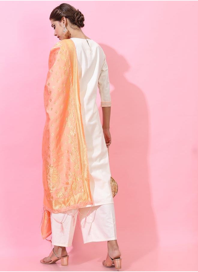Vishudh Women Cream Embroidered Kurta Set with Dupatta by Styli  - Image 4
