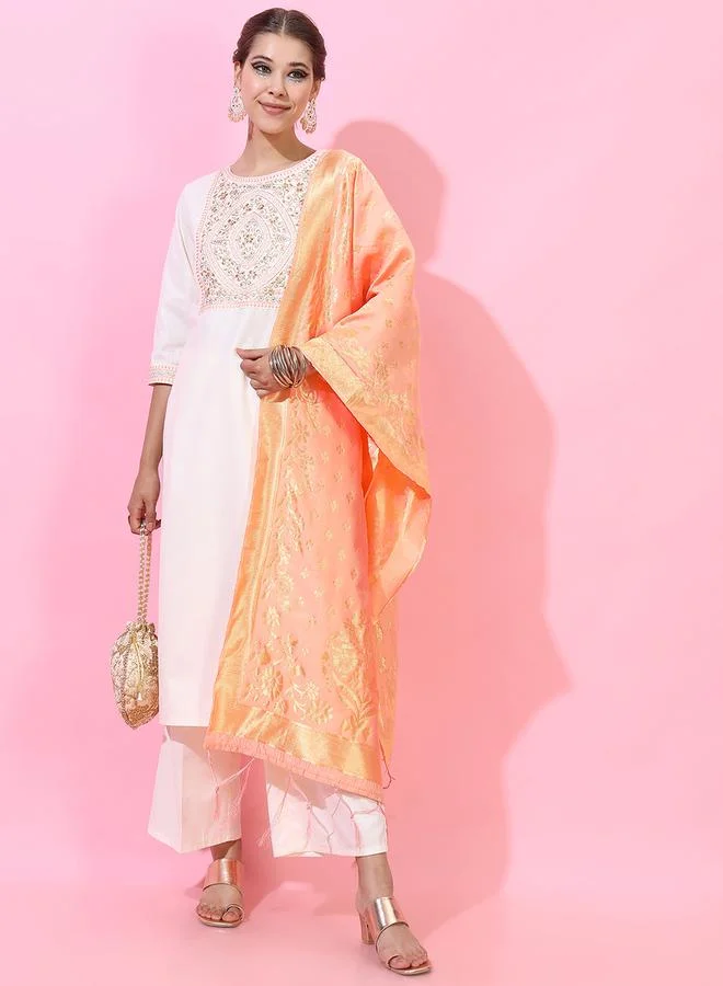 Vishudh Women Cream Embroidered Kurta Set with Dupatta by Styli
