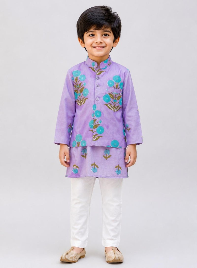 babyqlo Boys Purple Floral Kurta, Printed Koti and Pajama Set - Image 1