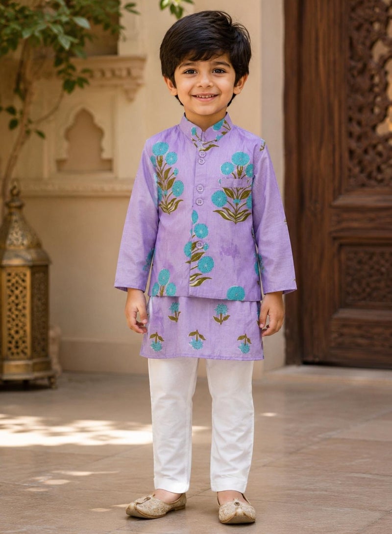 babyqlo Boys Purple Floral Kurta, Printed Koti and Pajama Set - Image 2