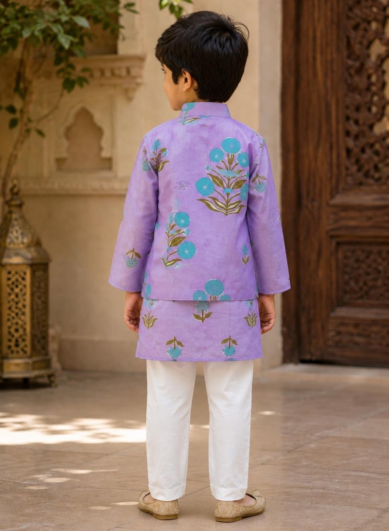 babyqlo Boys Purple Floral Kurta, Printed Koti and Pajama Set - Image 3