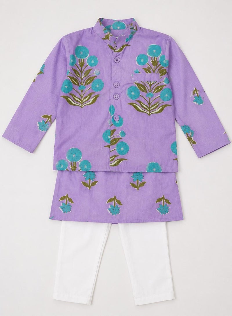 babyqlo Boys Purple Floral Kurta, Printed Koti and Pajama Set - Image 5