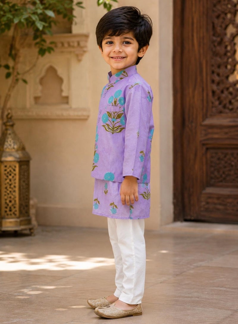babyqlo Boys Purple Floral Kurta, Printed Koti and Pajama Set - Image 4