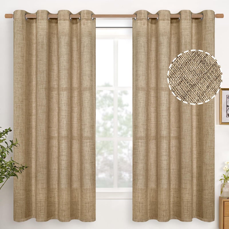 YoungsTex Burlap Linen Curtains 63 Inch Length 2 Panels for Bedroom Toffee Tan Semi Sheer Drapes Textured with Bronze Grommet Light Filtering for Living Room Farmhouse 52 X 63 Inch