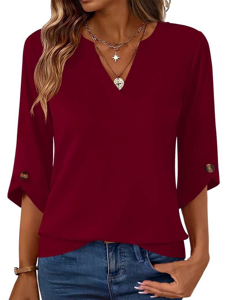 Kistore Women's Casual 3/4 Sleeve TShirts 2026 V Neck Tunic Tops Cute Blouses Loose Fit Business Work Top Wine Red XXL - Image 1