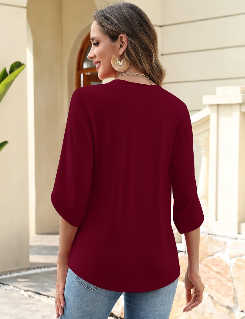 Kistore Women's Casual 3/4 Sleeve TShirts 2026 V Neck Tunic Tops Cute Blouses Loose Fit Business Work Top Wine Red XXL - Image 4