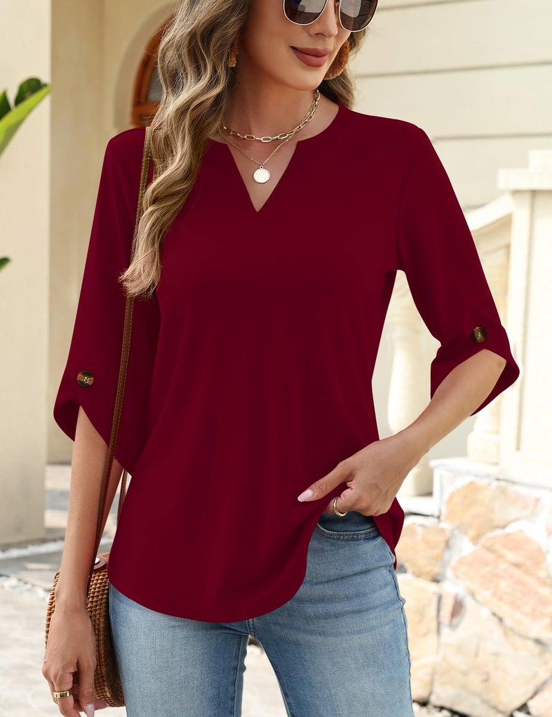 Kistore Women's Casual 3/4 Sleeve TShirts 2026 V Neck Tunic Tops Cute Blouses Loose Fit Business Work Top Wine Red XXL - Image 2