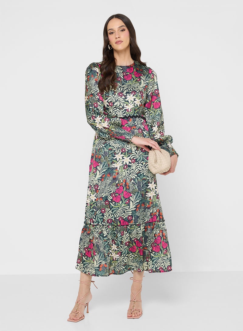 هوب اند ايفي فستان بياقة مفتوحة وطبعة زهور وربطة - Image 1