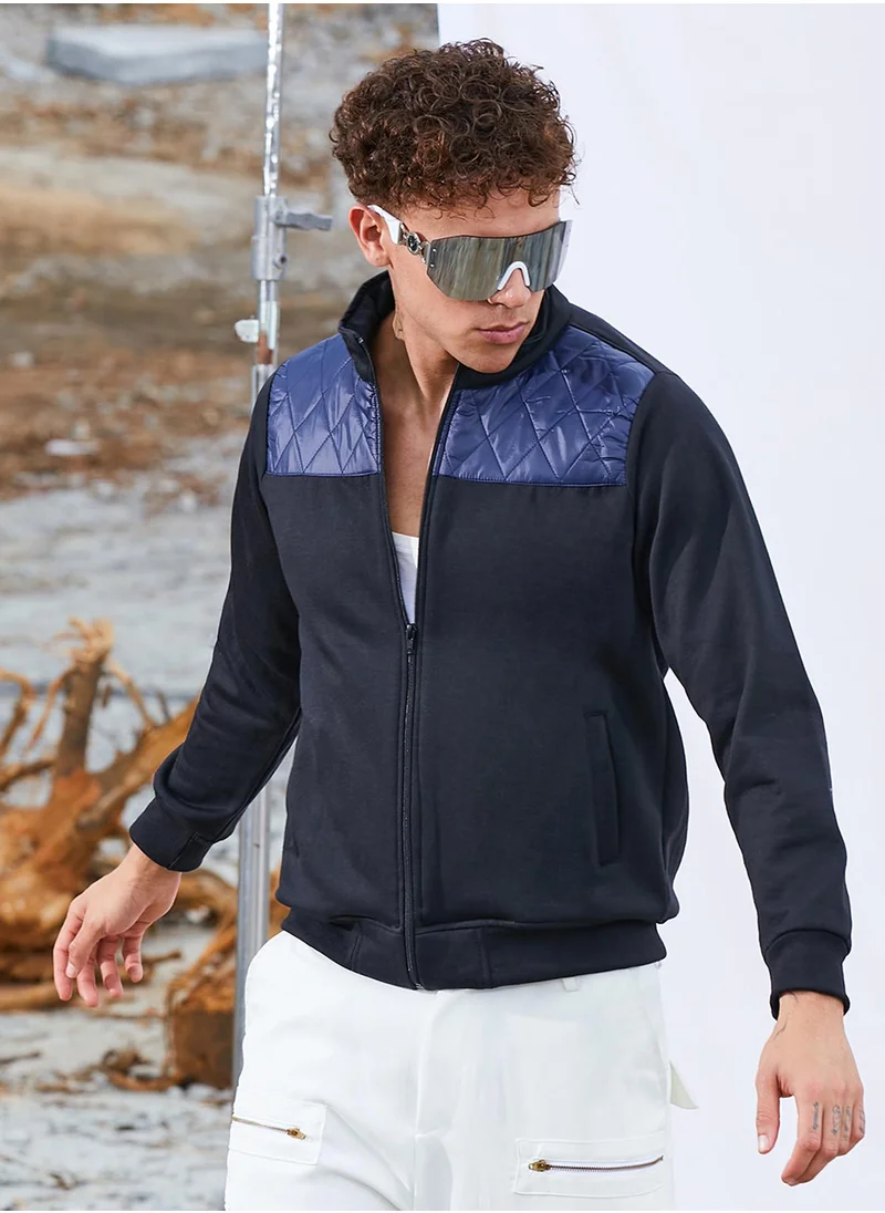 Campus Sutra Men's Black & Blue Zip-Front Jacket With Quilted Detail