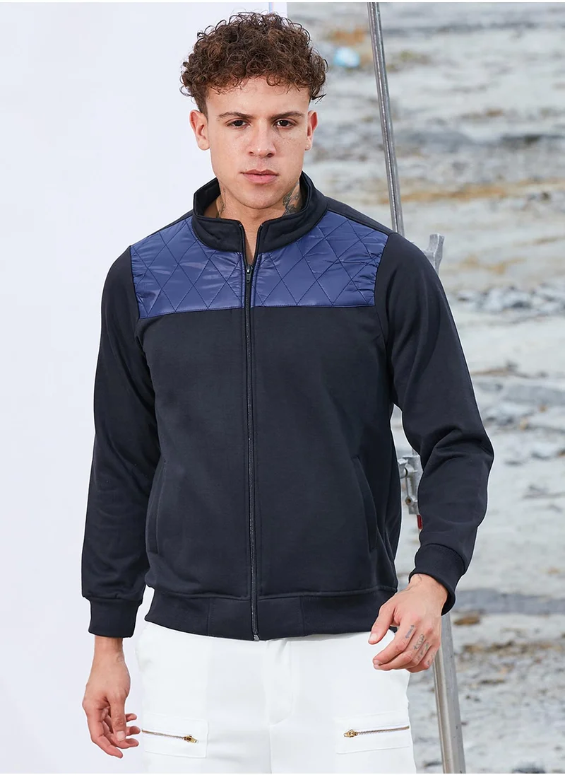 Campus Sutra Men's Black & Blue Zip-Front Jacket With Quilted Detail