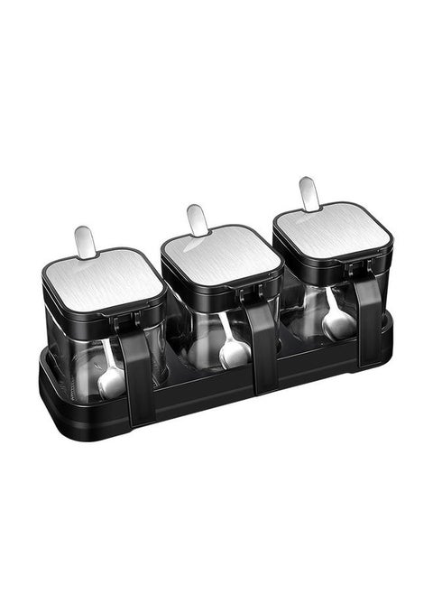 Condiment Jar Spice Container with Lids and Spoons,Clear Glass Condiment Canisters Pots Seasoning Box Salt Container Sugar Bowl