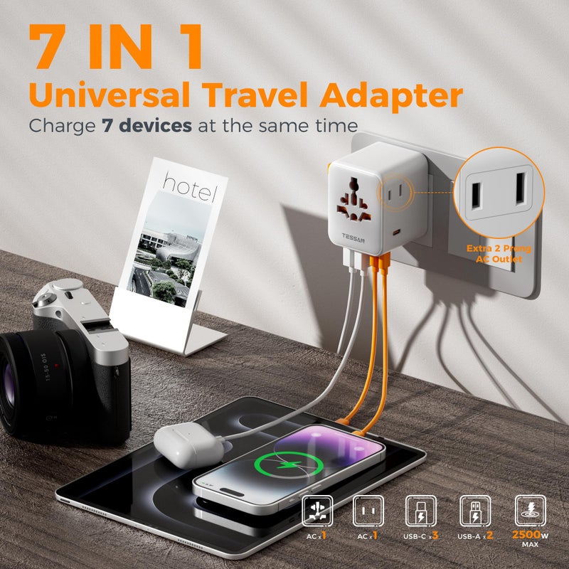TESSAN Universal Travel Adapter 65W GaN, International Power Adapter with Extra 2 Prong AC Outlet, 5 USB Ports (3 USB C), Worldwide Plug Adaptor for US to Europe UK Australia Ireland (Type C G A I) - Image 2
