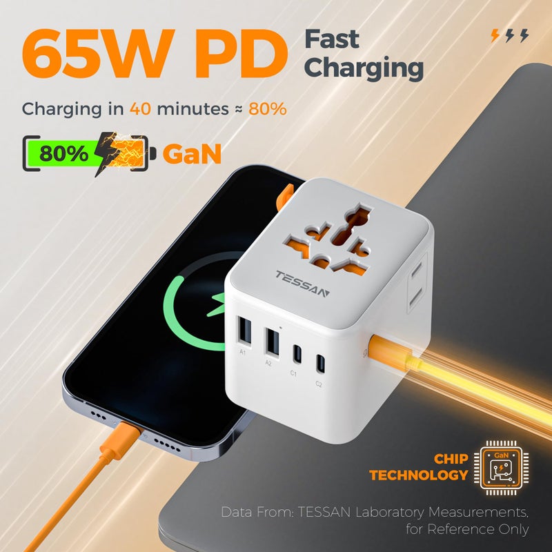 TESSAN Universal Travel Adapter 65W GaN, International Power Adapter with Extra 2 Prong AC Outlet, 5 USB Ports (3 USB C), Worldwide Plug Adaptor for US to Europe UK Australia Ireland (Type C G A I) - Image 3
