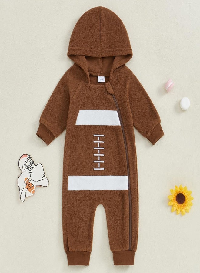 Socutebabe Newborn Baby Football Outfit Football Long Sleeve Romper Jumpsuit One Piece Hooded Bodysuit Fall Clothes 0-18M (Brown, 0-3 Months) - Image 2