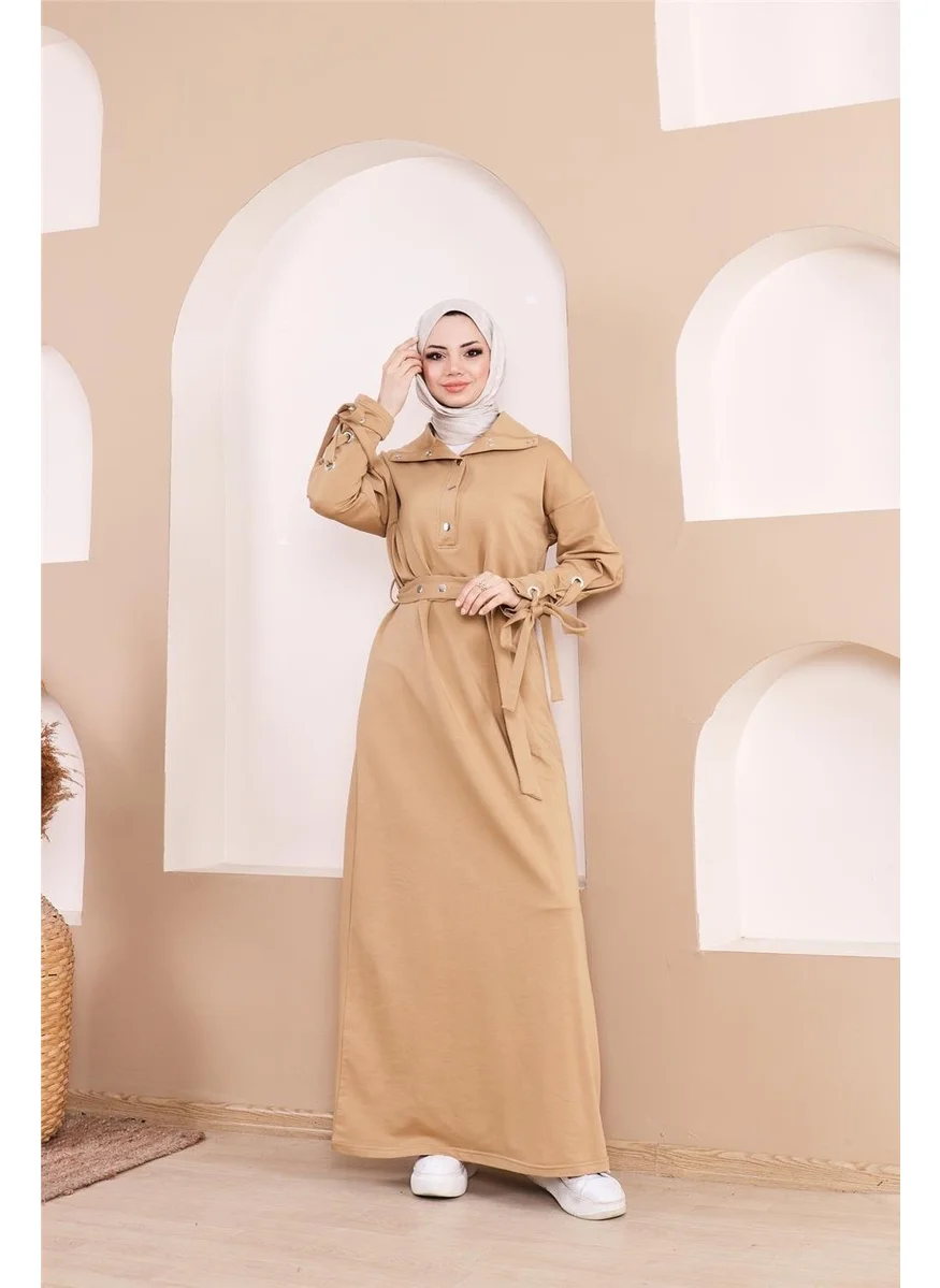 بي ويست Waist-Tie Snap-Sleeve Stripe Detailed Long Dress - 71183.107 - Straw Yellow