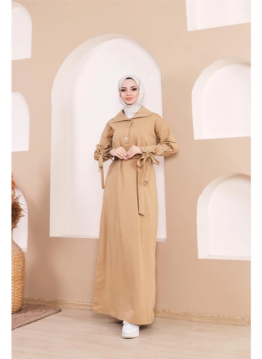 بي ويست Waist-Tie Snap-Sleeve Stripe Detailed Long Dress - 71183.107 - Straw Yellow