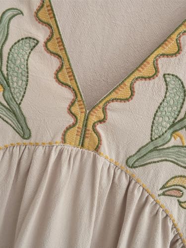 Joiemont Womens Oversized Floral Embroidered Long Dress with V-Neck and 3/4 Sleeves Vintage Embroidery Babydoll Dress(0652-Olive-XS) - Image 3