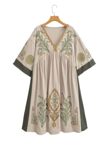Joiemont Womens Oversized Floral Embroidered Long Dress with V-Neck and 3/4 Sleeves Vintage Embroidery Babydoll Dress(0652-Olive-XS) - Image 2