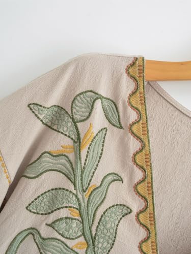 Joiemont Womens Oversized Floral Embroidered Long Dress with V-Neck and 3/4 Sleeves Vintage Embroidery Babydoll Dress(0652-Olive-XS) - Image 5