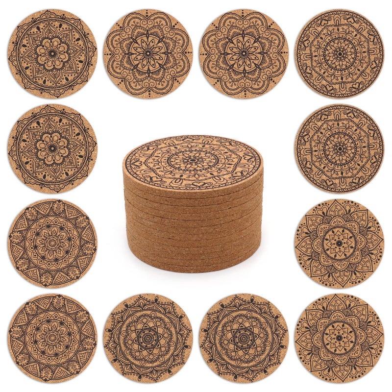 STARUBY Set of 12 Coasters Indian Floral Pattern Cork Coasters 10cm Round Drink Coasters Suitable for Dining Table Bar Coffee Bar Decoration As Gift