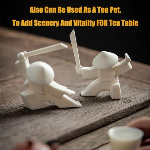 LYART Tea Pet Warrior Statue Figurine Tea Ornament Accessories Cute Kung Fu Tea Ceramic Sculpture Decoration Gift for Tearoom Home Office Children's Day Gift for Tea Lover (White a+b+c) - Image 3