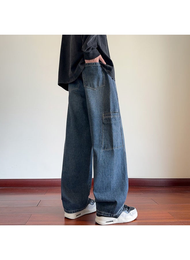 TonLion Tangshi Autumn Winter Men's Loose Fit Split Line Cargo Pocket Denim Pants - Image 3